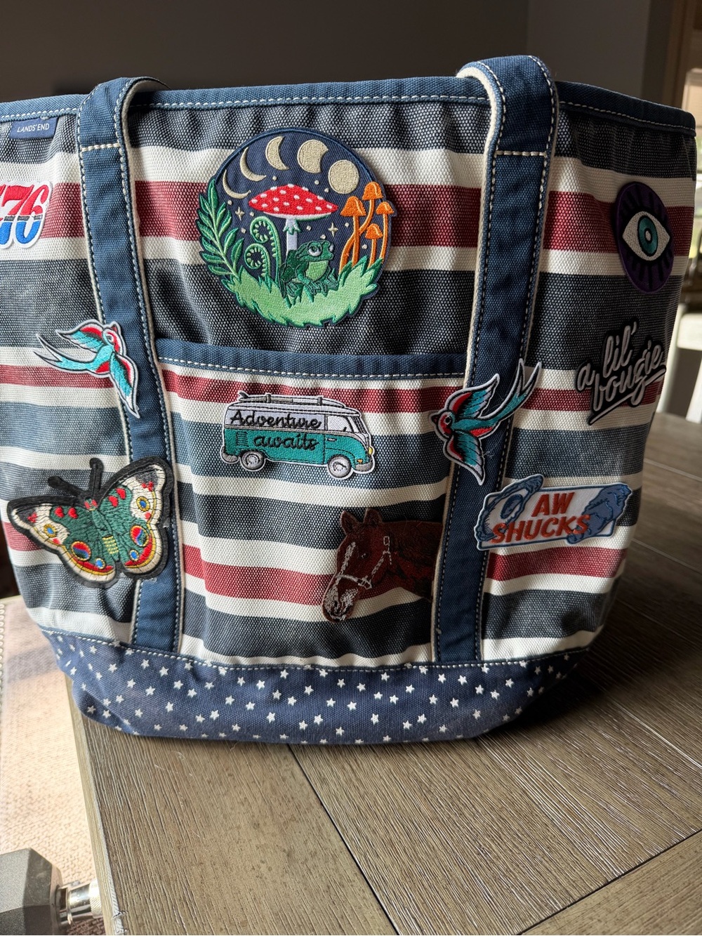 Striped Patchwork Tote Bag - Navy, Red & White